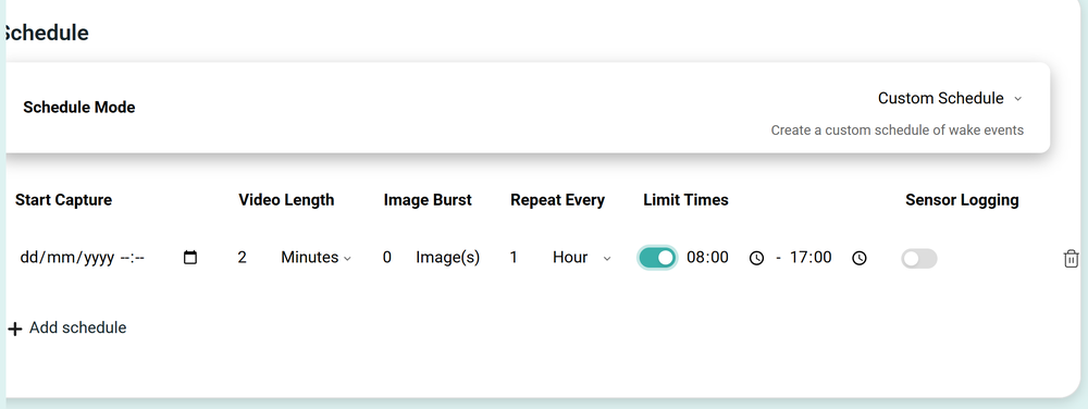 A custom schedule wake-event row, shown with Limit Times enabled.