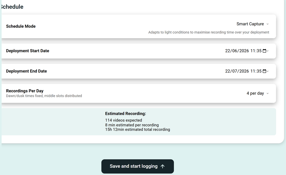 Smart Capture settings with a live recording estimate.
