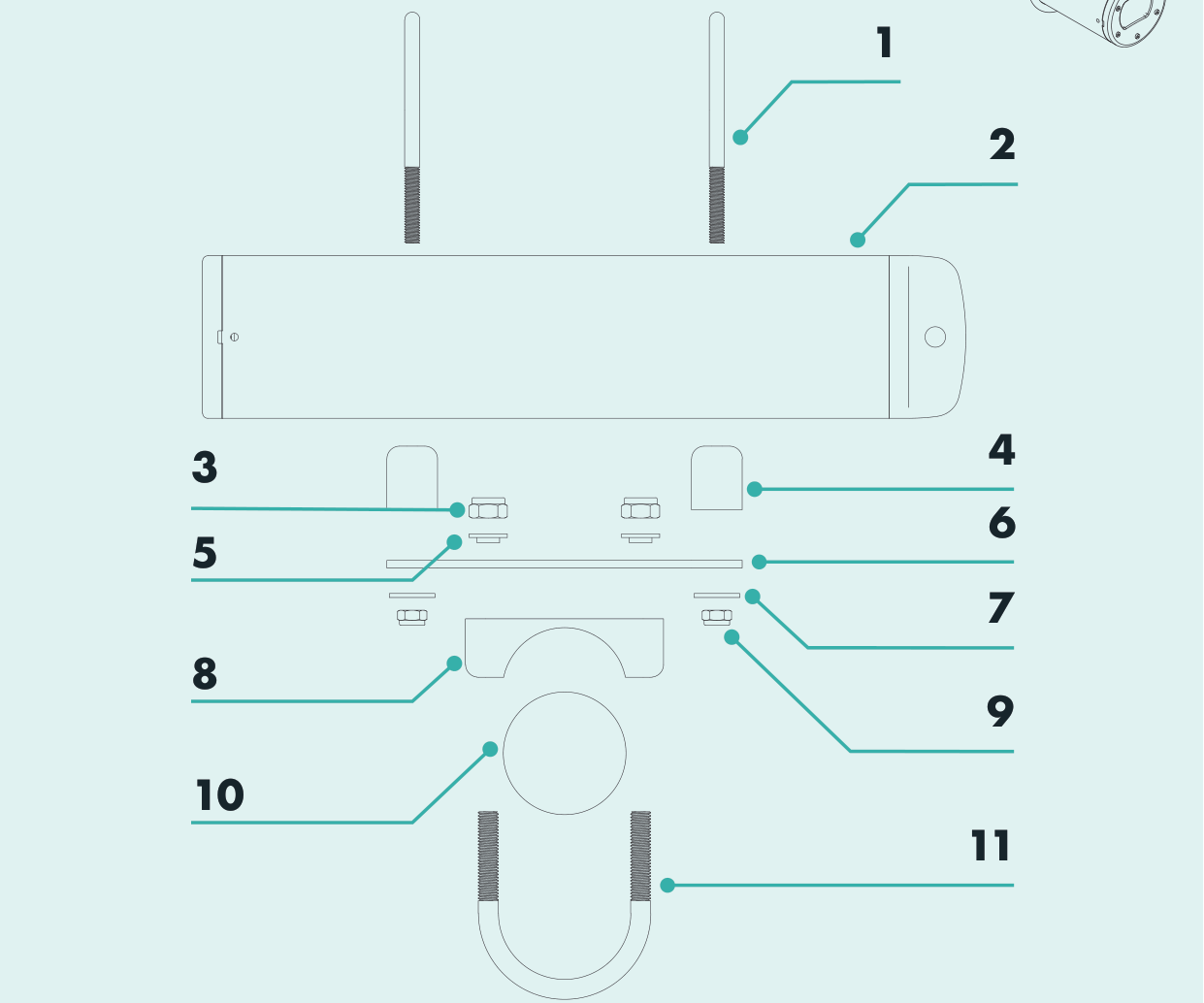 SubCam pole mounting assembly, exploded view.